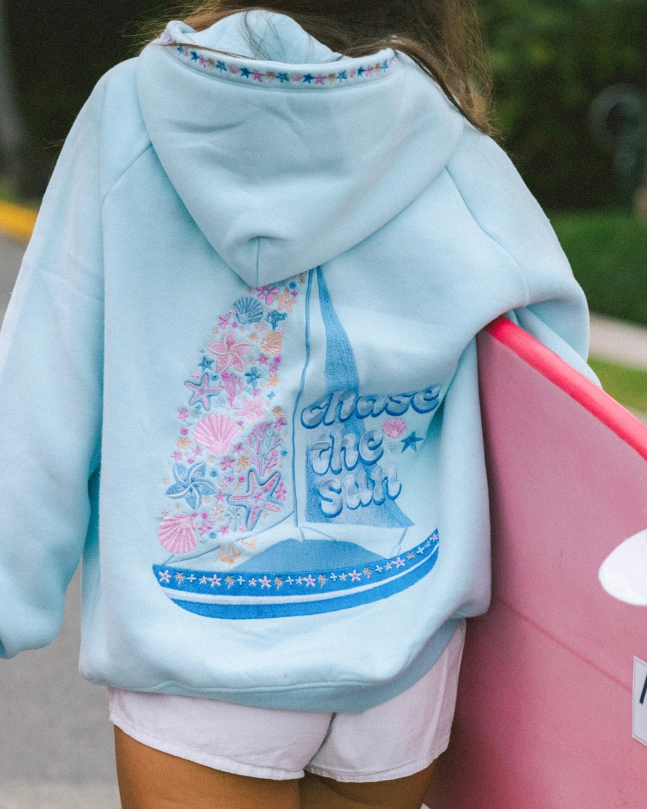 “Chase the Sun” Relaxed Hoodie in Sky Blue