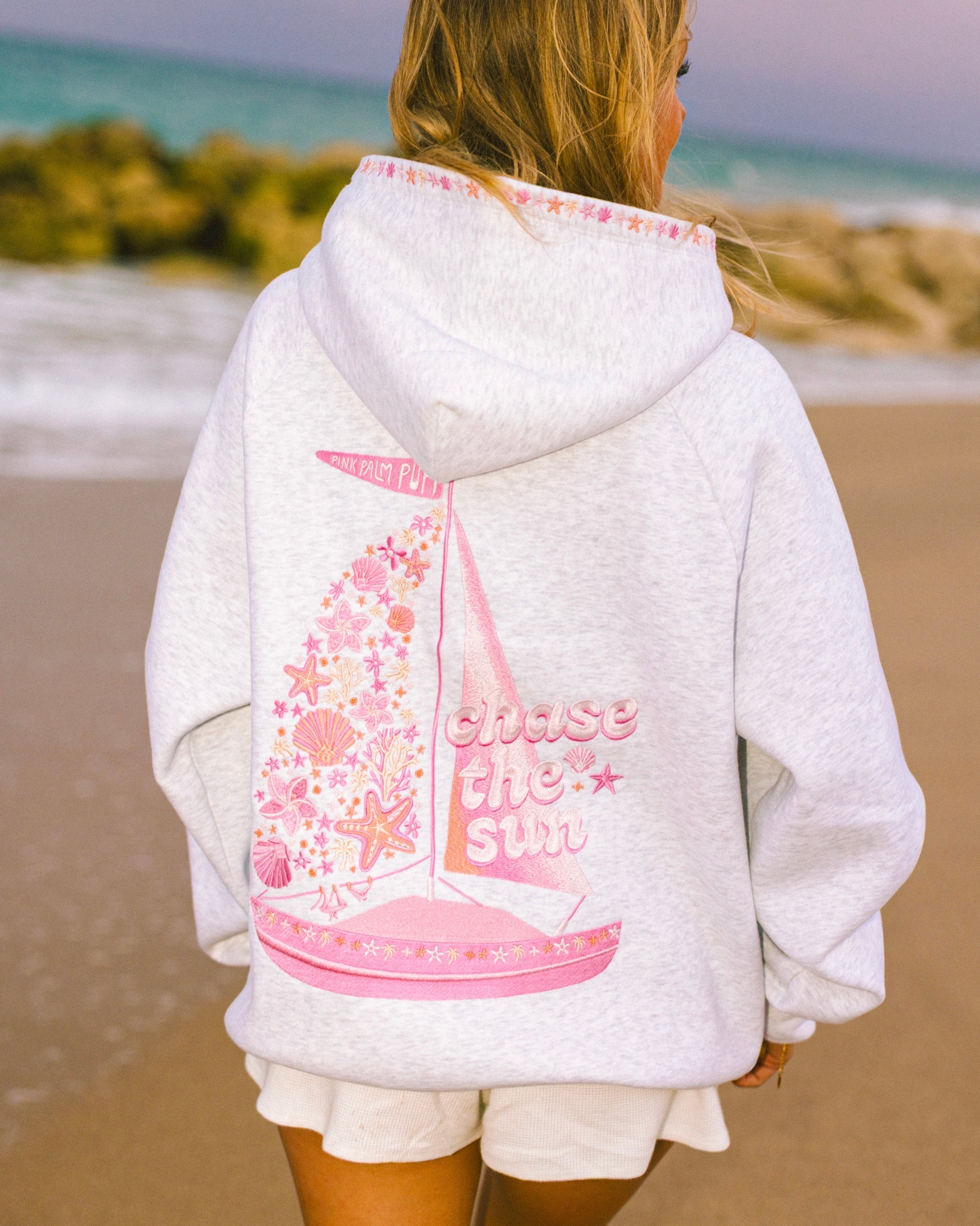 “Chase the Sun” Relaxed Hoodie in Heather Cloud